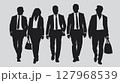 Silhouettes of five diverse business professionals are walking forward in suits. Ideal for corporate themes, teamwork, and progress. Vector illustration. 127968539