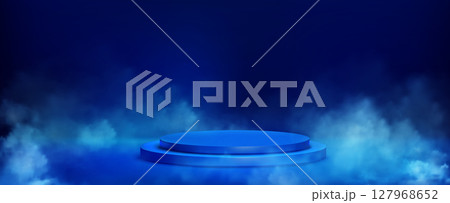 Blue round podium with smoke effects Blue round podium with smoke effects 127968652