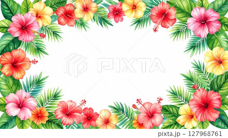 南国風のフレーム ハイビスカス モンステラ 余白 16:9サイズ AI生成素材 127968761