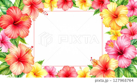 南国風のフレーム ハイビスカス モンステラ 余白 16:9サイズ AI生成素材 127968764