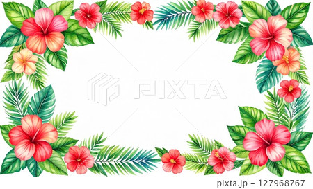 南国風のフレーム ハイビスカス モンステラ 余白 16:9サイズ AI生成素材 南国風のフレーム ハイビスカス モンステラ 余白 16:9サイズ AI生成素材 127968767