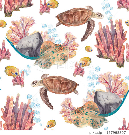 Seamless pattern with sea turtles, corals and fish. Watercolor illustration of the inhabitants of the barrier reef. Exotic. Ideal for baby fabrics, stationery, wallpaper, postcards and marine designs. 127968897