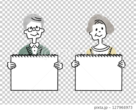 一對老年夫婦拿著素描本的上半身插圖 127968973