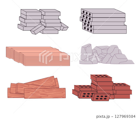 various construction materials including stacks of grey bricks concrete blocks wood planks rocks or stones various construction materials including stacks of grey bricks concrete blocks wood planks rocks or stones 127969384