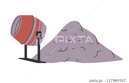 Grey pile of cement powder next to a red and grey cement mixer essential materials equipment in construction renovation 127969387