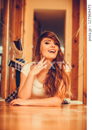 Happy cute pretty young woman girl at home. Happy cute pretty young woman girl at home. 127969475