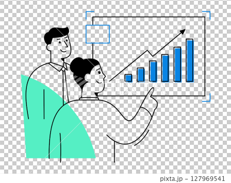 Two business professionals analyzing sales data on rising charts, celebrating growth success through effective teamwork in modern office environment Two business professionals analyzing sales data on rising charts, celebrating growth success through effective teamwork in modern office environment 127969541