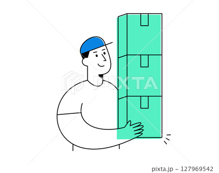A smiling delivery worker in blue cap carrying bulk product with three large green boxes, representing cheerful logistics and transportation services 127969542