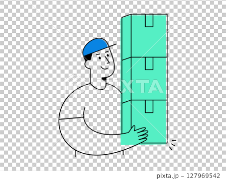 A smiling delivery worker in blue cap carrying bulk product with three large green boxes, representing cheerful logistics and transportation services 127969542