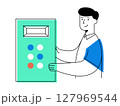 Factory worker operating machine control panel with blue and red buttons, showing cheerful expression in minimal design style representing industrial technology 127969544