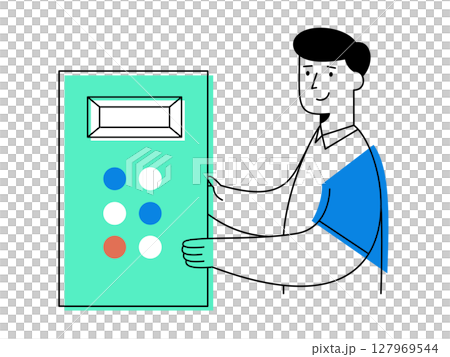 Factory worker operating machine control panel with blue and red buttons, showing cheerful expression in minimal design style representing industrial technology Factory worker operating machine control panel with blue and red buttons, showing cheerful expression in minimal design style representing industrial technology 127969544