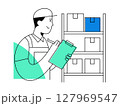 A smiling warehouse worker performs inventory check with clipboard, managing storage boxes on shelves for efficient logistics and organization 127969547