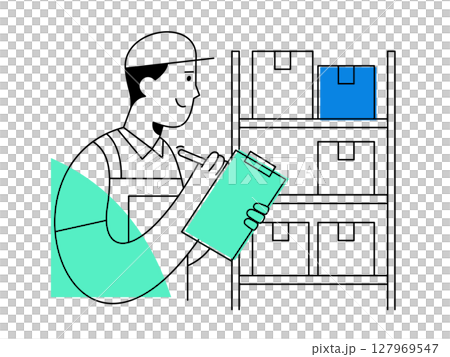 A smiling warehouse worker performs inventory check with clipboard, managing storage boxes on shelves for efficient logistics and organization A smiling warehouse worker performs inventory check with clipboard, managing storage boxes on shelves for efficient logistics and organization 127969547