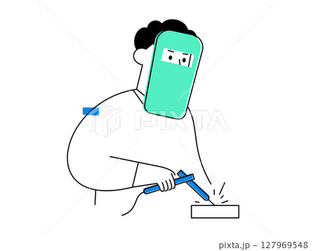 A focused welder at work uses protective mask and gloves while welding metal, showing concentration and safety awareness in industrial metalwork with sparks 127969548