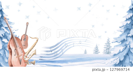 Rectangular frame with musical instruments and a staff. Isolated watercolor illustration on the theme of Christmas for postcard design, interior design, printing on clothes and textiles. Rectangular frame with musical instruments and a staff. Isolated watercolor illustration on the theme of Christmas for postcard design, interior design, printing on clothes and textiles. 127969714