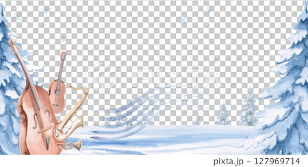 Rectangular frame with musical instruments and a staff. Isolated watercolor illustration on the theme of Christmas for postcard design, interior design, printing on clothes and textiles. Rectangular frame with musical instruments and a staff. Isolated watercolor illustration on the theme of Christmas for postcard design, interior design, printing on clothes and textiles. 127969714
