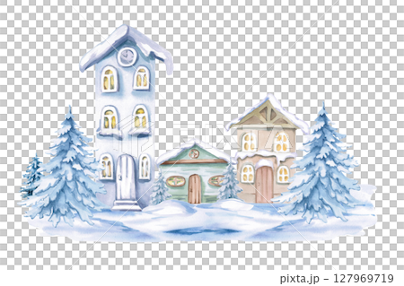 Cozy village under snow with Christmas trees. Isolated watercolor illustration for invitations, tickets, photo frames, posters, calendars, printing on textiles and clothes. 127969719