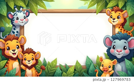 Animals standing in front of tall wooden signboard 127969783
