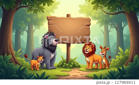 Forest animals gathering under empty wooden signboard Forest animals gathering under empty wooden signboard 127969811