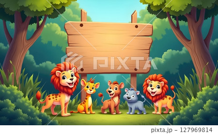 Forest animals gathering under empty wooden signboard 127969814