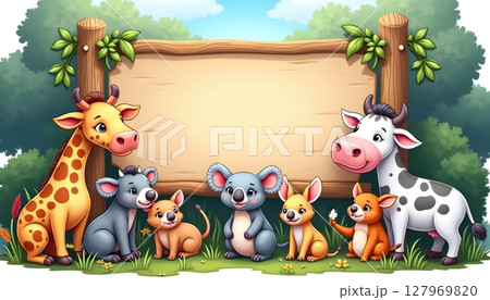 Forest animals gathering under empty wooden signboard 127969820