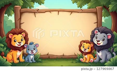 Forest animals gathering under empty wooden signboard 127969867