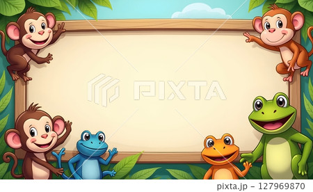 Forest animals gathering under empty wooden signboard 127969870
