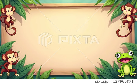 Forest animals gathering under empty wooden signboard 127969871