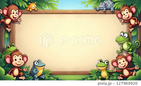 Forest animals gathering under empty wooden signboard 127969920