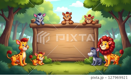 Forest animals gathering under empty wooden signboard 127969921