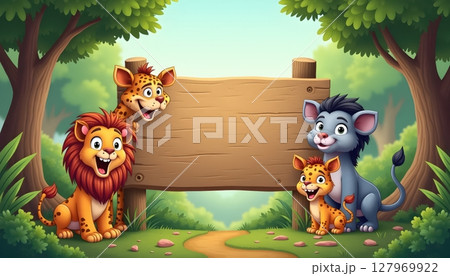 Forest animals gathering under empty wooden signboard 127969922