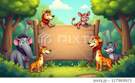 Forest animals gathering under empty wooden signboard 127969923