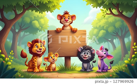 Forest animals posing with vertical wooden signboard 127969926