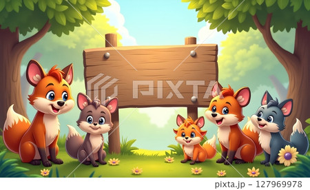 Forest animals posing with vertical wooden signboard 127969978