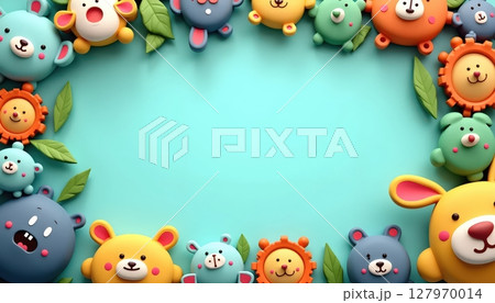 Cute cartoon animals surround a large empty blue frame 127970014