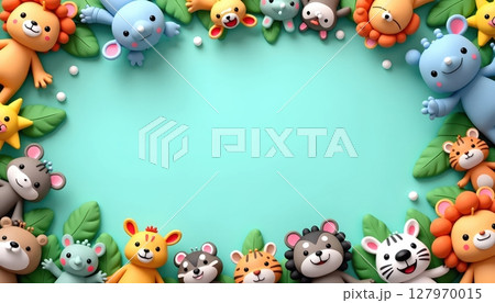 Cute cartoon animals surround a large empty blue frame 127970015