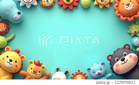 Cute cartoon animals surround a large empty blue frame 127970021