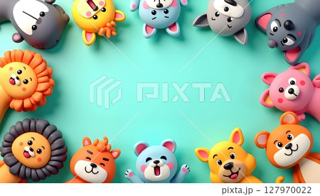 Cute cartoon animals surround a large empty blue frame 127970022