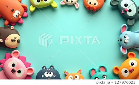 Cute cartoon animals surround a large empty blue frame 127970023