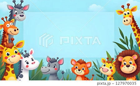 Cute cartoon animals surround a large empty blue frame 127970035