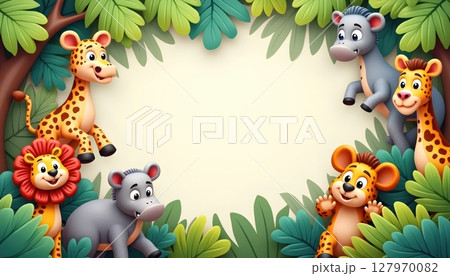 Zoo animals surrounding a rectangular blue frame Zoo animals surrounding a rectangular blue frame 127970082