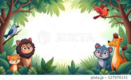 Zoo animals surrounding a rectangular blue frame 127970131