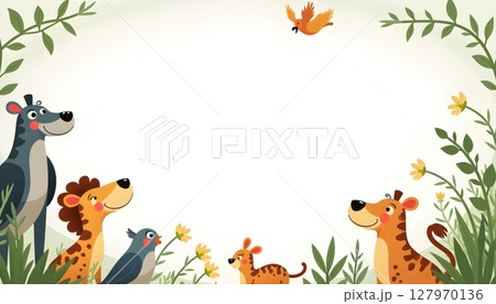 Zoo animals surrounding a rectangular blue frameのイラスト素材 [127970136] - PIXTA