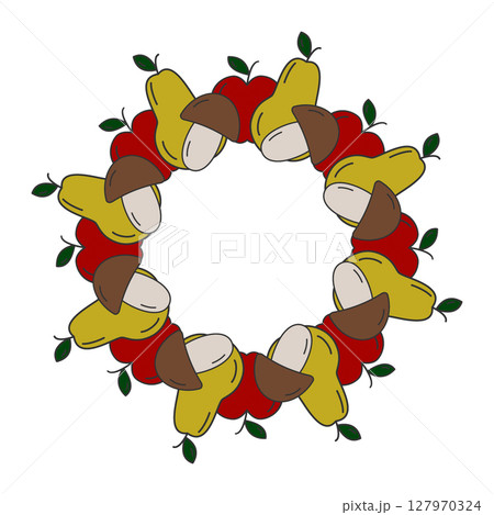 Hand Drawn Apple Pear and Mushrooms Circular Frame Border Minimalistic Pop art Template Copy space 127970324