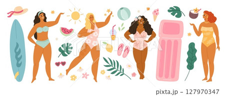 Beautiful women in swimwear. Summer vacations, beach elements, sexy fat girls, body positive people, happy pretty ladies, surfboard and air mattress, tropical leaves garish vector set Beautiful women in swimwear. Summer vacations, beach elements, sexy fat girls, body positive people, happy pretty ladies, surfboard and air mattress, tropical leaves garish vector set 127970347