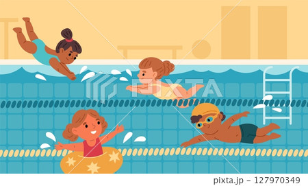 Cartoon children in swimming pool. Cute little kids diving into water, young swimmers, girl with inflatable lifebuoy, athletic boy, entertainment and competition, garish vector concept Cartoon children in swimming pool. Cute little kids diving into water, young swimmers, girl with inflatable lifebuoy, athletic boy, entertainment and competition, garish vector concept 127970349