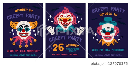 Evil clowns cards. Halloween holiday event, horror party invitation poster design, creepy circus joker characters, spooky celebration, scary face makeup, cartoon isolated garish vector set Evil clowns cards. Halloween holiday event, horror party invitation poster design, creepy circus joker characters, spooky celebration, scary face makeup, cartoon isolated garish vector set 127970376