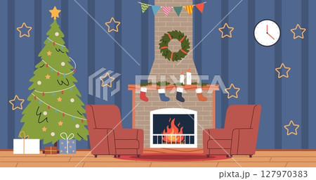 Interior of room with fireplace and armchairs. Family Christmas celebration. Xmas tree with star and glass balls. Gifts and socks with present. Cartoon flat style isolated vector concept Interior of room with fireplace and armchairs. Family Christmas celebration. Xmas tree with star and glass balls. Gifts and socks with present. Cartoon flat style isolated vector concept 127970383