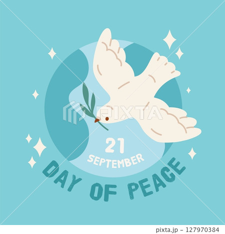 International day of peace with white pigeon. Faith symbol, flying city bird, dove holds sprig of olive in beak, card design, Peaceful and freedom cartoon isolated garish vector concept 127970384
