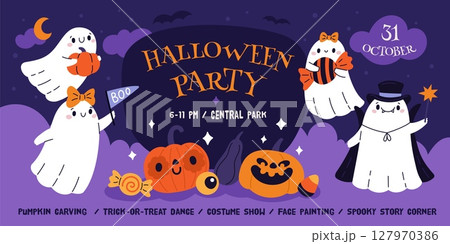 Kids Halloween party. Happy invitation design, cute poltergeist, funny ghosts with smiling pumpkins, childish spooky holiday, web banner, cartoon flat style isolated garish vector concept 127970386